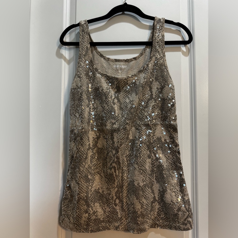 Old Navy Brown Animal Print Sequins tank top sparkle Large scoop neck